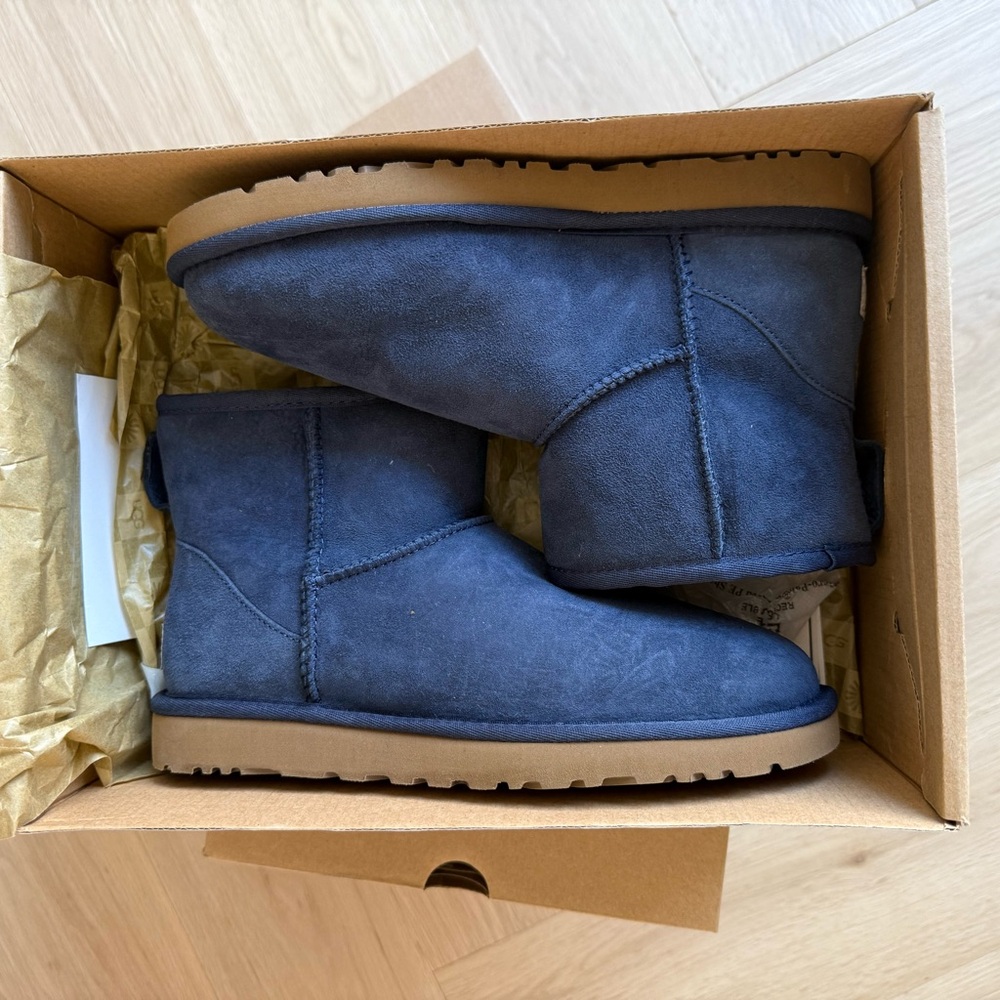 BRAND NEW UGG Navy Suede Short Boots with Tan Sole